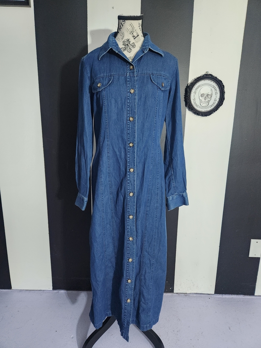 Vintage Button-Front Denim Shirt Dress - Blue
